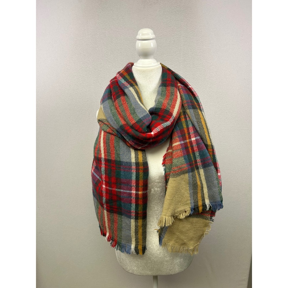 Cottagecore Rustic Womens OS Multicolor Plaid Frayed Oversized Blanket Scarf